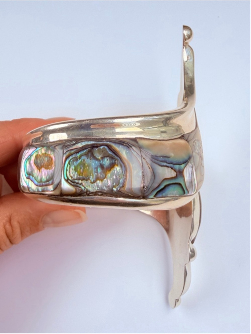 Taxco Massive Modernist Abalone Ornate Sterling Silver Clamper Cuff VTG Bracelet - Picture 11 of 13